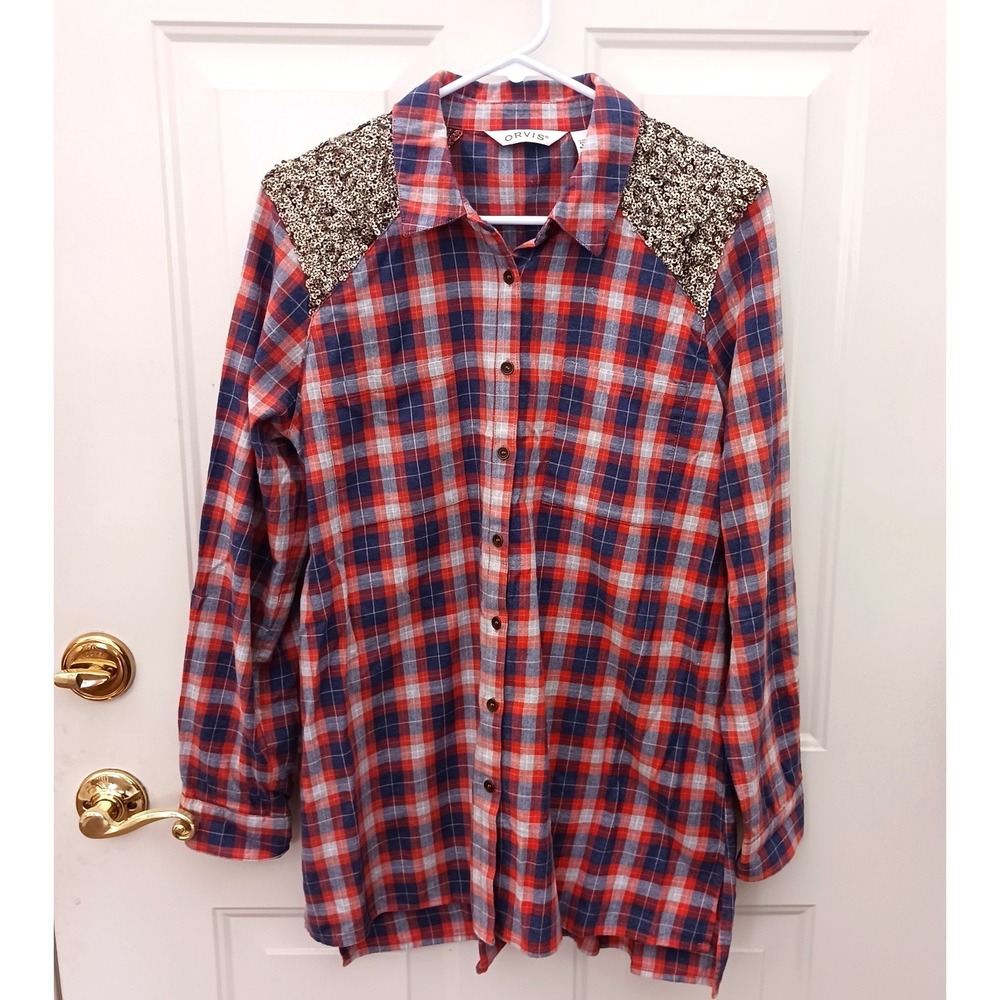 Orvis Shirt Womens M Medium Plaid Cotton‎ Sequins Shoulder Split Hem Shirt